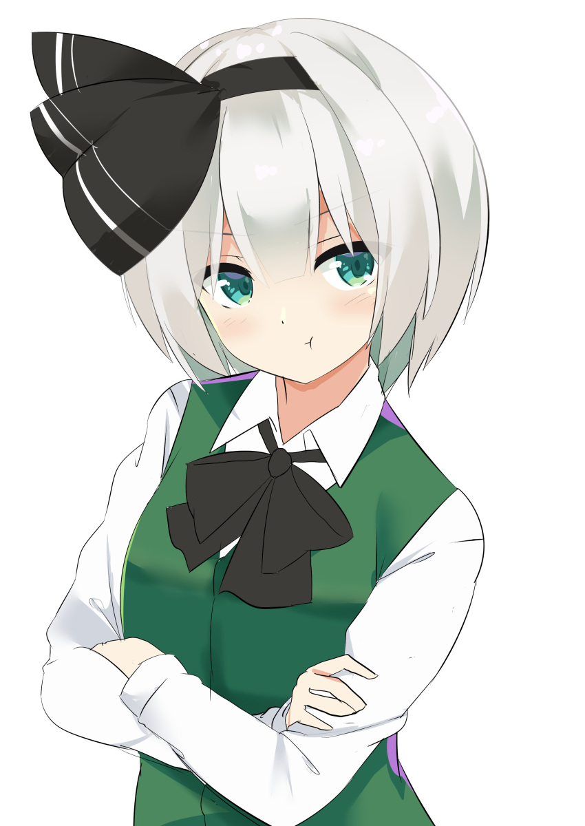 1girl 9150namihana absurdres black_bow black_bowtie black_hairband bow bowtie breasts closed_mouth collared_shirt commentary_request crossed_arms green_eyes grey_hair hairband highres konpaku_youmu long_sleeves pout shiny shiny_hair shirt short_hair simple_background small_breasts solo touhou upper_body white_background white_shirt
