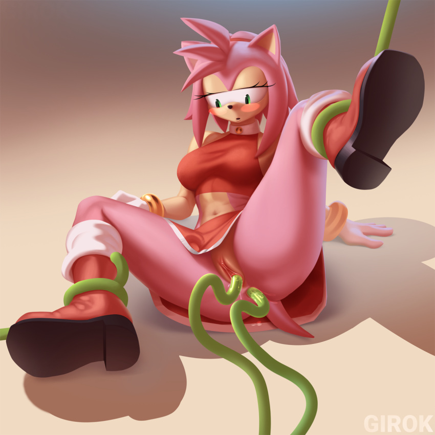 1:1 amy_rose anal anal_penetration anthro clothing eulipotyphlan female girok green_eyes hair hedgehog hi_res mammal penetration pink_body pink_hair red_clothing sega solo solo_focus sonic_the_hedgehog_(series) tentacle_in_ass tentacle_penetration tentacle_sex tentacles