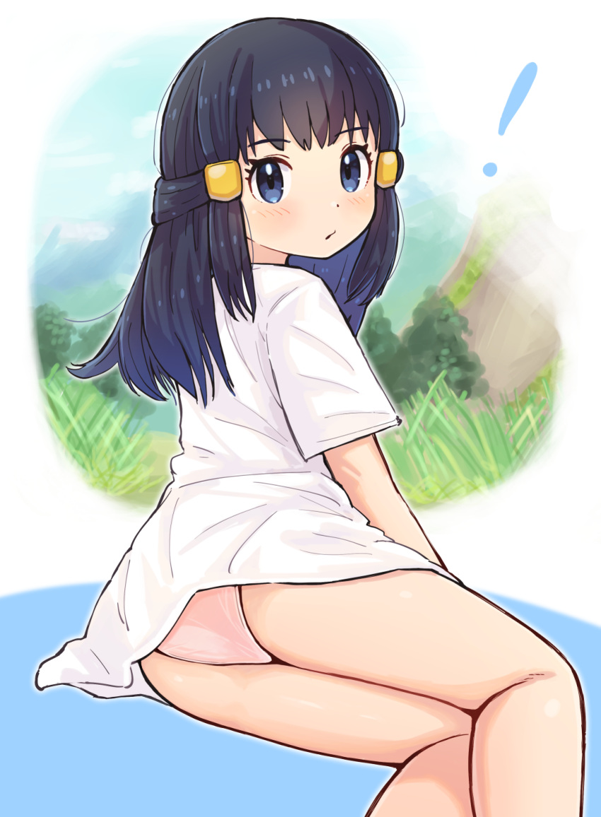 ! 1girl akari_(pokemon) bangs black_hair blush closed_mouth commentary_request eyelashes from_behind grey_eyes hair_ornament hairclip highres kutabireta_neko leaning long_hair long_shirt looking_back panties pink_panties pokemon pokemon_(game) pokemon_legends:_arceus shirt sidelocks solo underwear white_shirt