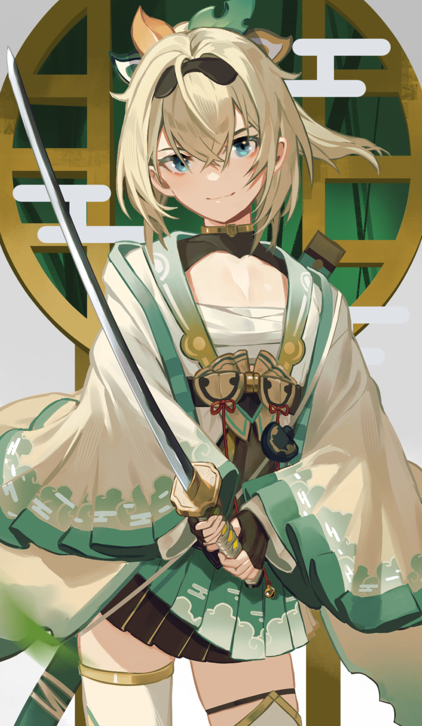 1girl aqua_eyes blonde_hair chest_sarashi egasumi haori highres holding holding_sword holding_weapon hololive japanese_clothes katana kazama_iroha moonlaw pleated_skirt ponytail sarashi sheath skirt smile sword thighhighs virtual_youtuber weapon wide_sleeves