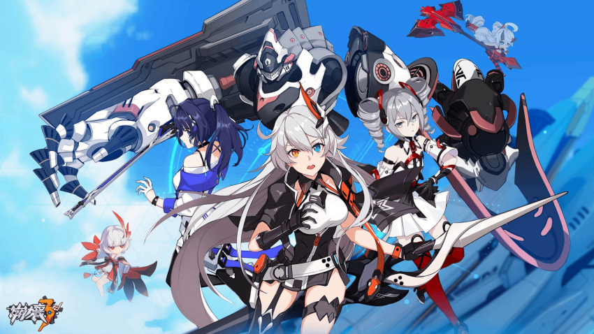 5girls asymmetrical_gloves bare_shoulders black_choker black_gloves black_hair black_legwear blood_embrace blue_eyes breasts bronya_zaychik bronya_zaychik_(yamabuki_armor) choker day detached_sleeves drill_hair gauntlets gloves grey_eyes grey_hair highleg highres holding holding_sword holding_weapon honkai_(series) honkai_impact_3rd jingwei's_wings kiana_kaslana kiana_kaslana_(void_drifter) long_hair long_sleeves looking_at_another looking_at_viewer medium_breasts multiple_girls official_art open_mouth orange_bracelet raiden_mei raiden_mei_(striker_fulminata) red_legwear robot short_sleeves single_thighhigh sword thigh_strap thighhighs weapon white_hair yellow_eyes