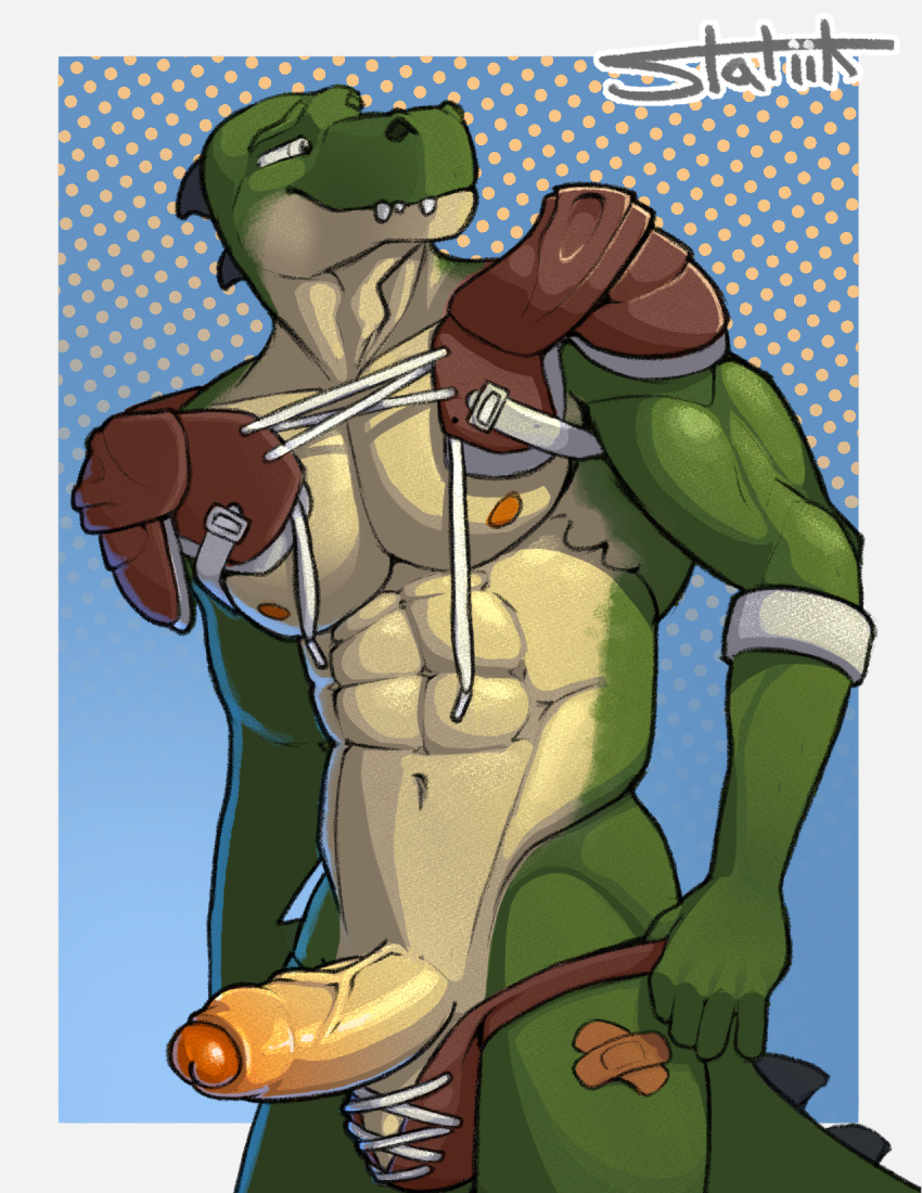 abs accessory alligator alligatorid american_football anthro band-aid bandage big_muscles big_penis biped bottomwear bottomwear_down bottomwear_pull clothed clothing clothing_pull crocodilian football_gear foreskin genitals glistening glistening_genitalia glistening_penis hi_res huge_muscles humanoid_genitalia humanoid_penis male mostly_nude mostly_nude_anthro mostly_nude_male muscular muscular_arms nipples partially_clothed partially_clothed_anthro partially_clothed_male pecs penis pinup pose reptile scalie shoulder_pads solo sport statiik_(artist) topwear undressing undressing_self vein veiny_penis