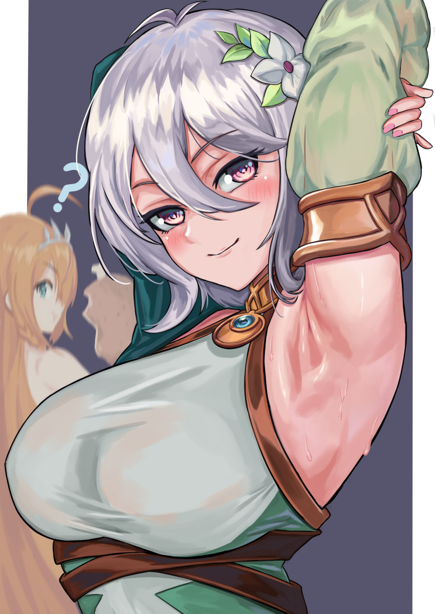 2girls ? alternate_breast_size armpits arms_up bangs blonde_hair blue_eyes breasts detached_sleeves eating eyebrows_visible_through_hair fingernails flower grey_hair hair_between_eyes hair_flower hair_ornament hand_on_own_arm highres kokkoro_(princess_connect!) large_breasts lips long_hair looking_at_viewer looking_back loooyd multiple_girls older pink_eyes pink_nails presenting_armpit princess_connect! short_hair smile sweat