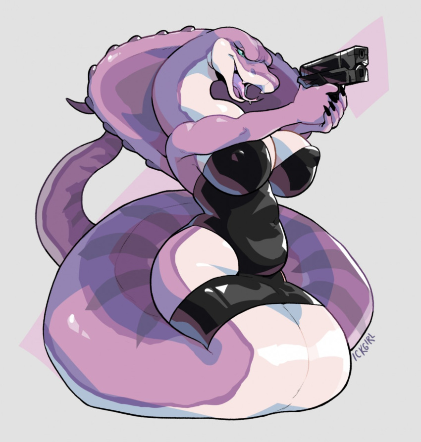 anthro apode belly big_breasts black_claws breasts claws clothing digital_media_(artwork) draconcopode dress female forked_tongue furgonomics gun hi_res holding_object holding_weapon huge_breasts ickgirl legless naga non-mammal_breasts open_mouth pink_body pointing_gun ranged_weapon reptile scalie serpentine slightly_chubby snake snake_hood solo stripes tongue weapon wide_hips yesenia_(character)