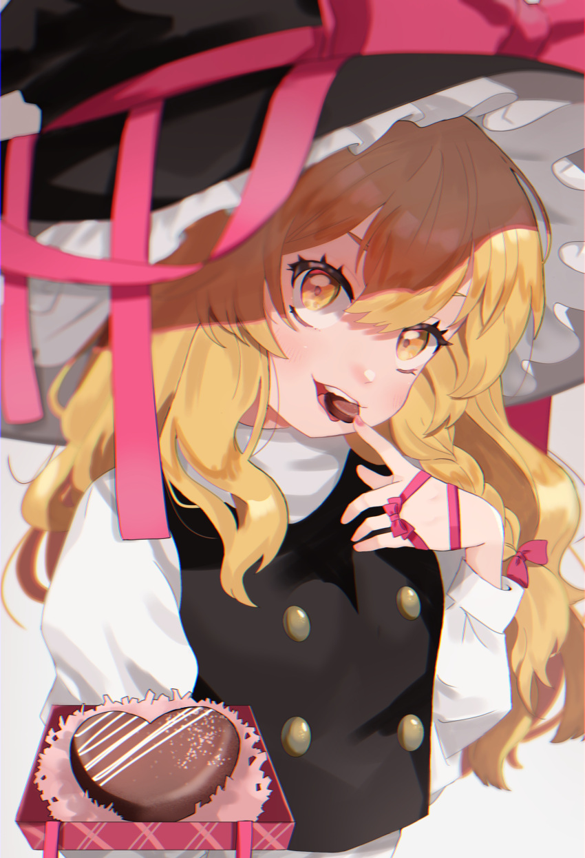 1girl absurdres black_vest blonde_hair bow breasts buttons chocolate commentary_request eating eyelashes frilled_hat frills gift happy hat highres kirisame_marisa large_hat long_hair long_sleeves looking_at_viewer pink_bow pink_nails pink_ribbon ribbon shirt simple_background small_breasts teeth touhou turtleneck uchisaki_himari upper_body upper_teeth vest white_background white_shirt witch_hat yellow_eyes