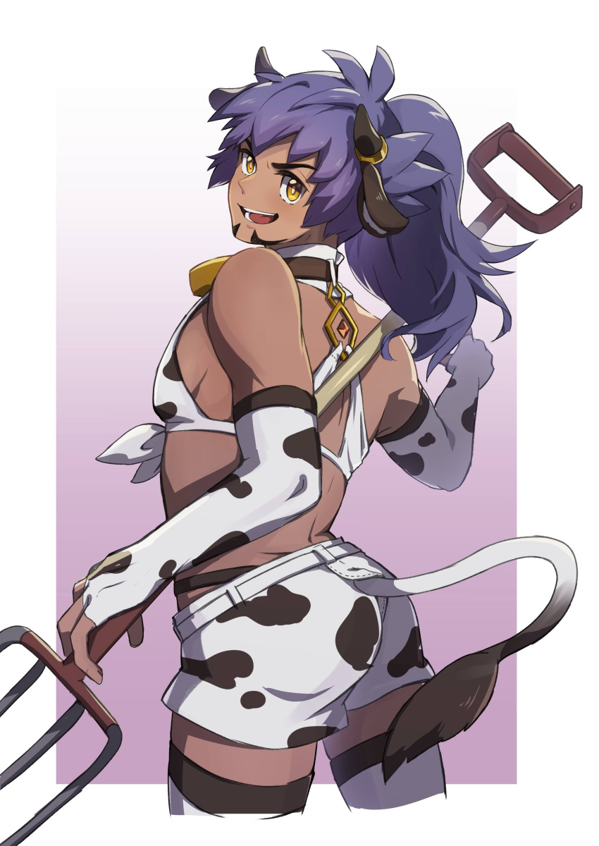 1boy :d absurdres alternate_costume animal_print bangs bright_pupils buckle collar commentary_request cow_boy cow_horns cow_print cow_tail cowboy_shot dark-skinned_male dark_skin elbow_gloves fingerless_gloves gloves highres holding horns leon_(pokemon) long_hair male_focus open_mouth pitchfork pokemon pokemon_(game) pokemon_swsh ponytail purple_hair short_shorts shorts smile solo tail teeth thighhighs tongue white_gloves white_legwear white_pupils white_shorts yellow_eyes yunoru