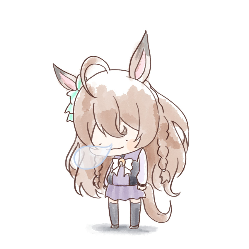 1girl absurdres ahoge animal_ears black_legwear blush_stickers braid brown_hair character_request chibi full_body highres horse_ears horse_tail imasogari long_hair nose_bubble rabbit_ears side_braid simple_background skirt sleeping solo standing tail thighhighs umamusume white_background