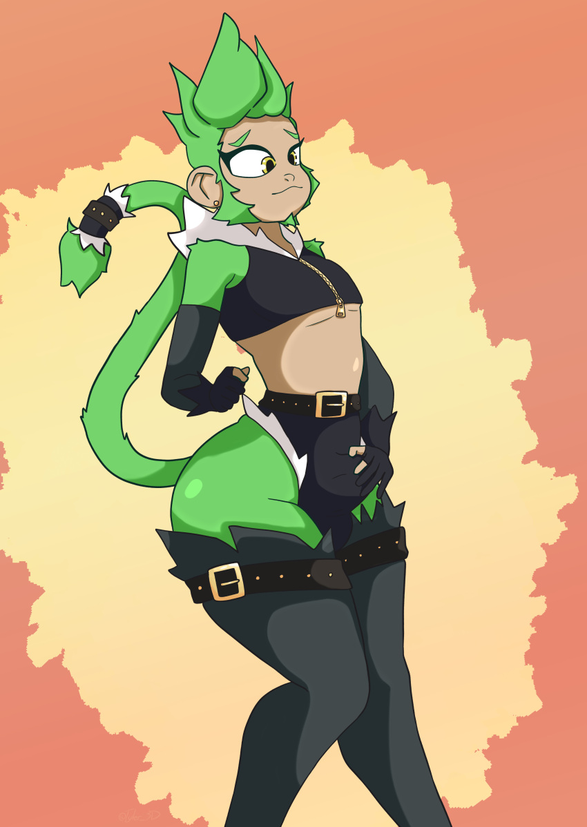 absurd_res anthro belt big_butt bulge bulge_grab bulge_rubbing butt clothing erection fur gloves green_body green_fur green_hair hair handwear haplorhine hi_res humanoid looking_down male mammal midriff monkey primate solo thick_thighs tyler_3d_(artist)