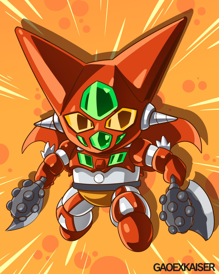 absurdres artist_name axe cape chibi drill dual_wielding emphasis_lines english_commentary gao_ex_kaiser getter-1 getter_robo getter_robo_(1st_series) highres holding holding_axe mecha no_humans orange_eyes red_cape solo