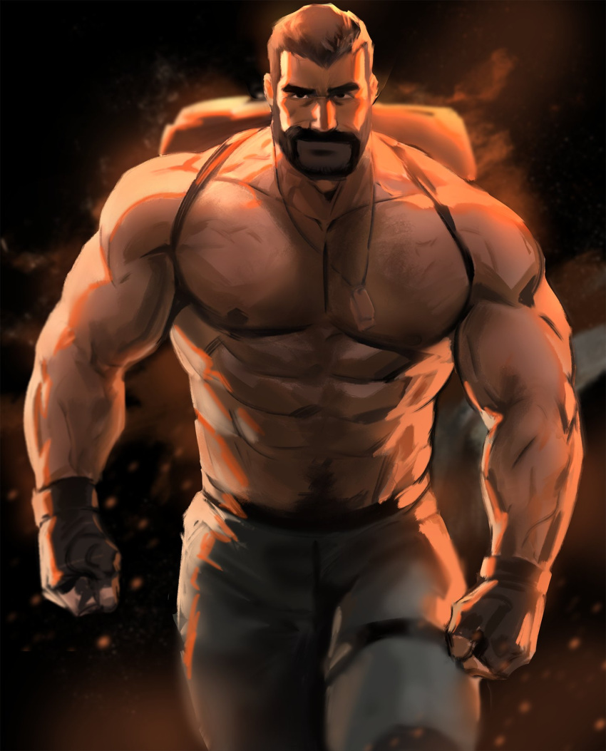 1boy abs bag bara beard biceps black_eyes black_hair clenched_hands facial_hair fingerless_gloves gloves hairy highres jang_ju_hyeon jewelry large_pectorals looking_at_viewer male_focus manly mature_male muscular muscular_male necklace nipples original pants pectorals short_hair smirk solo thick_arms thick_eyebrows thick_thighs thighs topless_male walking