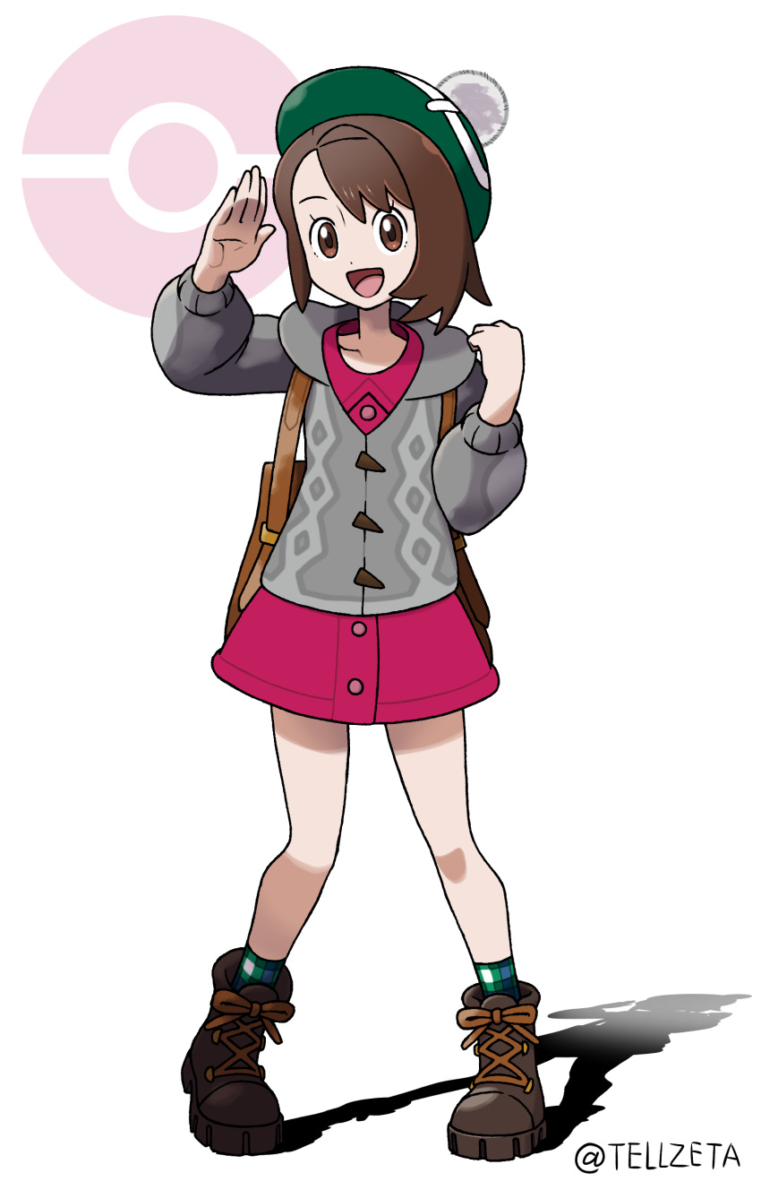 1girl :d absurdres backpack bag bob_cut boots brown_bag brown_eyes brown_footwear brown_hair buttons cable_knit cardigan collared_dress commentary_request dress full_body gloria_(pokemon) green_headwear green_legwear grey_cardigan hands_up happy hat highres hooded_cardigan open_mouth pigeon-toed pink_dress plaid plaid_legwear poke_ball_symbol pokemon pokemon_(game) pokemon_swsh short_hair smile socks solo standing tam_o'_shanter teru_zeta tongue