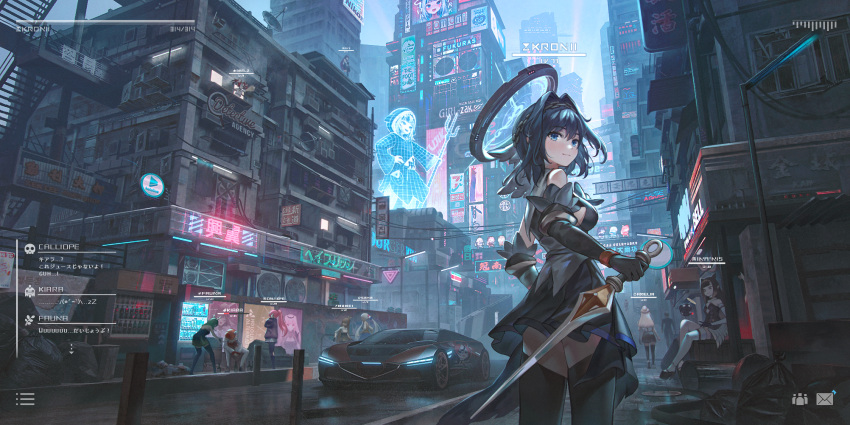 6+girls antlers bangs bare_shoulders black_dress black_gloves black_legwear blue_eyes blue_hair blush bottle breasts building car ceres_fauna chain character_name city closed_mouth cyberpunk dress elbow_gloves eyebrows_visible_through_hair gawr_gura gloves ground_vehicle hair_between_eyes hair_intakes hakos_baelz hat head_chain heads-up_display highres holding holding_sword holding_weapon hologram hololive hololive_english ikkia irys_(hololive) itasha lamppost large_breasts long_hair looking_back mechanical_halo medium_hair mori_calliope motor_vehicle multiple_girls nanashi_mumei ninomae_ina'nis on_roof ouro_kronii outdoors plant ponytail potted_plant radio_antenna reverse_grip road sandals single_thighhigh sitting skirt smile sports_car standing street sword takanashi_kiara thighhighs trash_bag tsukumo_sana twintails virtual_youtuber walking watson_amelia weapon white_legwear wings