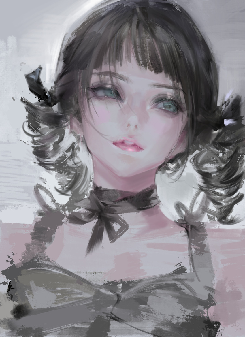 1girl absurdres bangs bare_shoulders black_ribbon blunt_bangs bm94199 choker drill_hair eyelashes face green_eyes highres lips looking_to_the_side neck_ribbon nostrils original parted_lips portrait realistic ribbon short_hair solo twin_drills upper_body