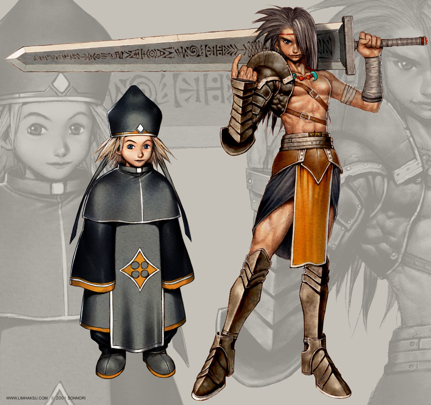 2boys armored_boots astonishia_story_2 asymmetrical_hair bangs black_capelet black_eyes black_pants blonde_hair blue_eyes boots brown_hair capelet chest_strap closed_mouth commentary earrings english_commentary full_body gauntlets greatsword hair_between_eyes hair_over_one_eye hat hattake highres holding holding_sword holding_weapon jewelry limha_lekan long_hair looking_at_viewer magatama magatama_necklace male_focus mitre multiple_boys official_art pants pelledhorr pelvic_curtain runes smile standing sword veins veiny_thighs weapon zoom_layer