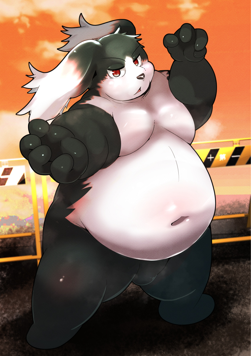 2022 absurd_res anthro belly big_belly biped black_body black_nose canid canine hi_res humanoid_hands kemono male mammal moobs navel outside overweight overweight_male solo white_body yukio_ammy