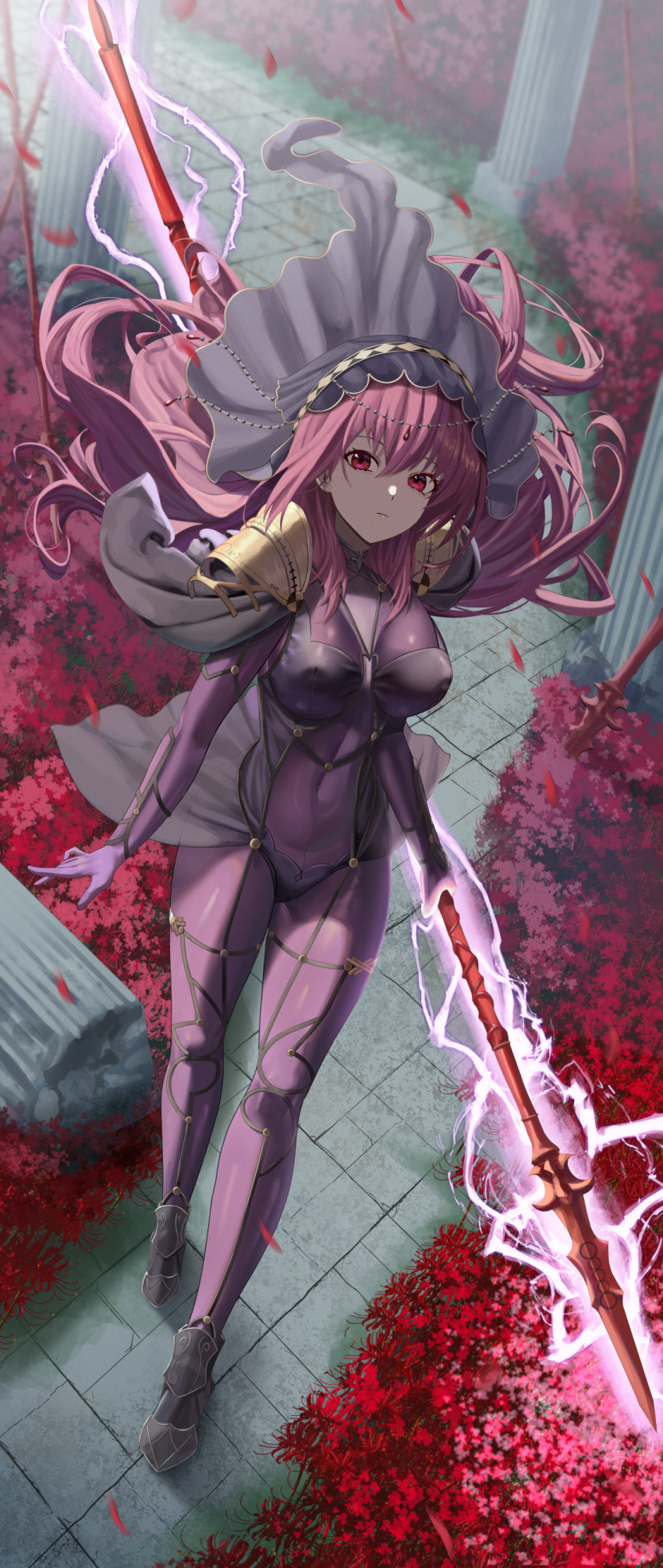 1girl absurdres armor bodysuit breasts broken_pillar covered_navel expressionless fate/grand_order fate_(series) flower gae_bolg_(fate) hair_intakes highres holding large_breasts leotard long_hair pauldrons pillar polearm purple_bodysuit purple_hair purple_leotard red_eyes scathach_(fate) shoulder_armor silvertsuki solo spear spider_lily very_long_hair weapon