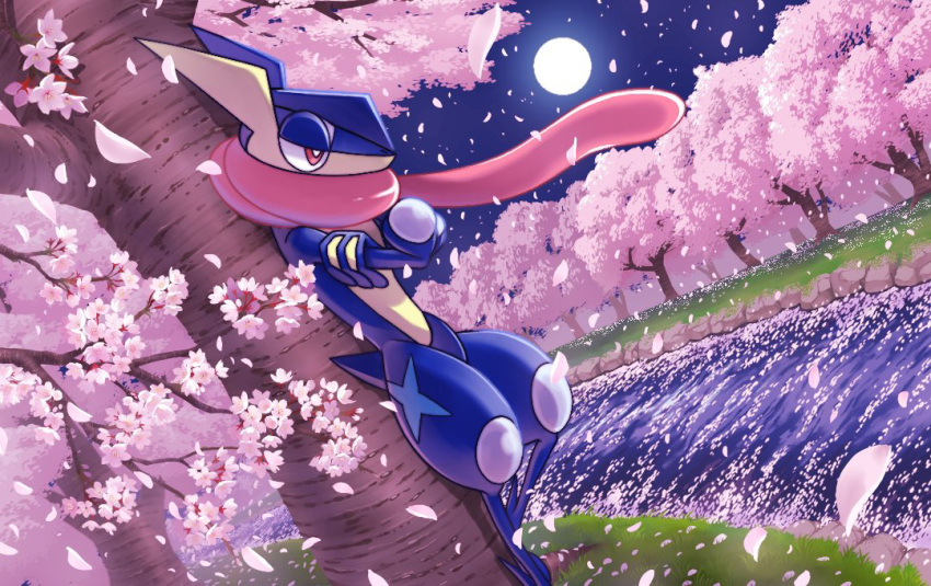 against_tree bright_pupils commentary_request crossed_arms falling_petals greninja moon night no_humans outdoors petals pink_eyes pokemon pokemon_(creature) river sky solo standing tree water white_pupils yukari_(yukari21653710)