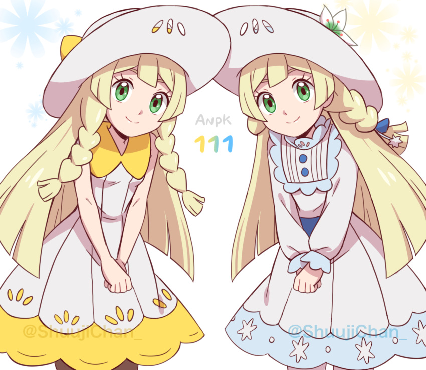 2girls bangs blonde_hair braid buttons closed_mouth collared_dress commentary_request dress eyelashes flower green_eyes hat lillie_(pokemon) long_hair long_sleeves looking_at_viewer multiple_girls own_hands_together pokemon pokemon_(anime) pokemon_journeys sara_bon sleeveless sleeveless_dress smile split_mouth twin_braids watermark white_background white_dress white_flower white_headwear