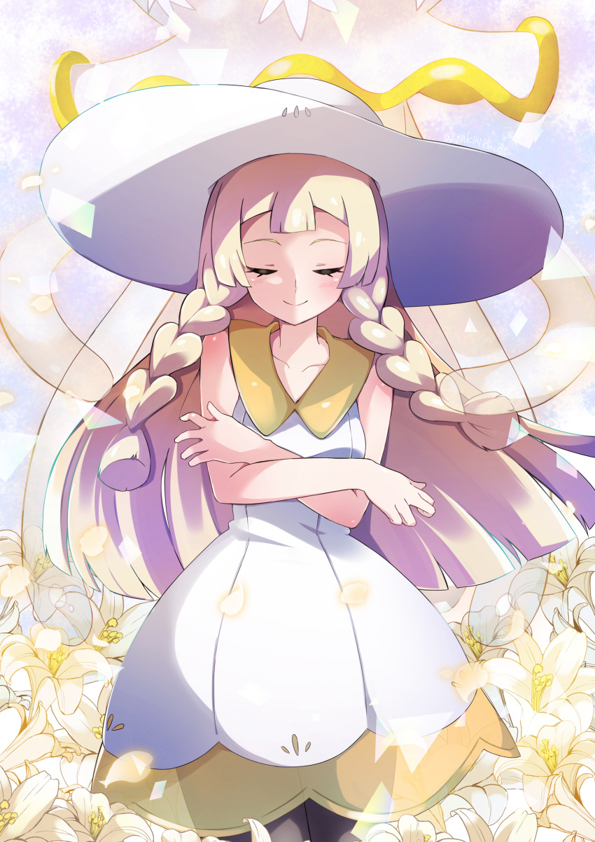 1girl absurdres bangs blonde_hair blunt_bangs blush braid closed_eyes closed_mouth collared_dress commentary dress eyelashes flower hat highres lillie_(pokemon) lily_(flower) long_hair miyama-san pokemon pokemon_(anime) pokemon_journeys see-through sleeveless sleeveless_dress smile solo sun_hat sundress twin_braids white_dress white_headwear