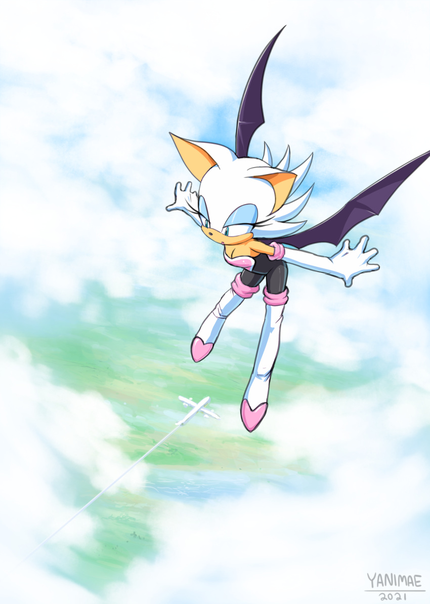 aircraft airplane anthro bat_wings breasts chiropteran cleavage clothed clothing cloud eyeshadow female flying footwear gloves half-closed_eyes handwear hi_res makeup mammal membrane_(anatomy) membranous_wings narrowed_eyes rouge_the_bat sega signature sky solo sonic_the_hedgehog_(series) tan_body tan_skin wings yanimae