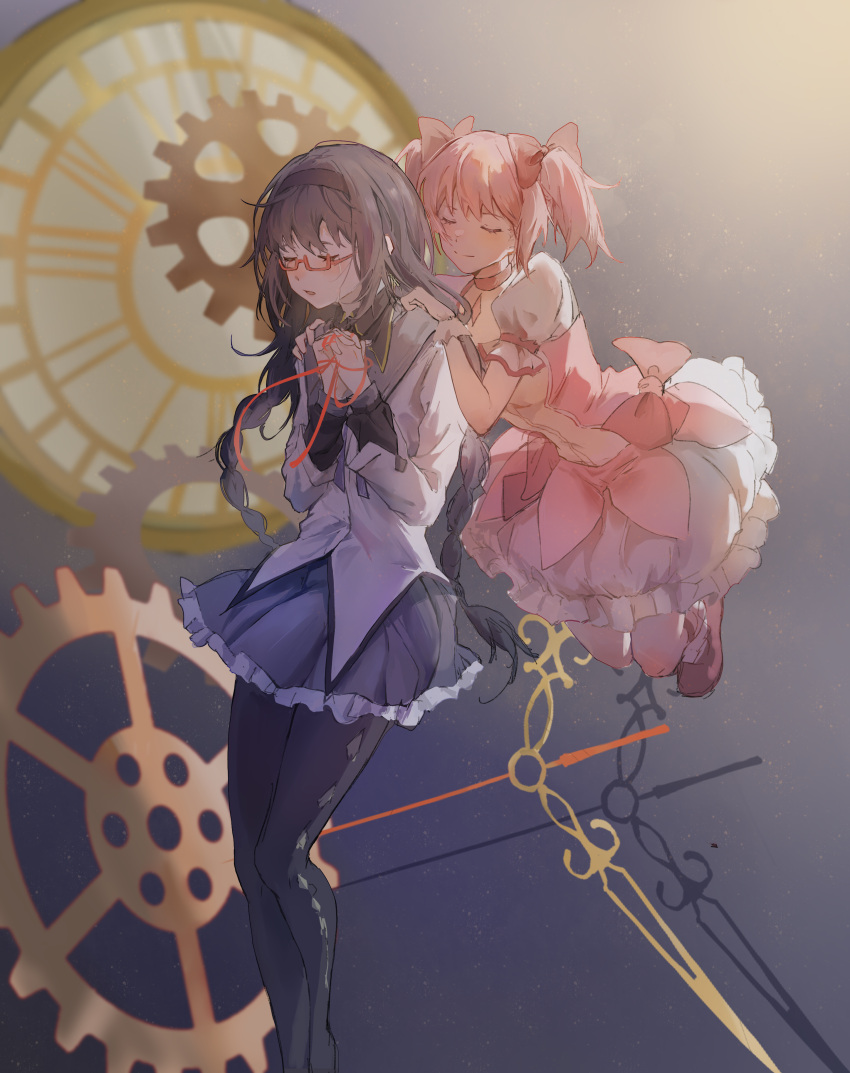 2girls absurdres akemi_homura bangs black_hair black_hairband black_legwear blue_skirt bow braid choker clock_hands closed_eyes dress dress_bow facing_another feet_out_of_frame floating frilled_dress frilled_skirt frills gears glasses gradient gradient_background hairband hands_on_another's_shoulders highres holding holding_ribbon interlocked_fingers kaname_madoka long_hair luvsic25232 mahou_shoujo_madoka_magica multiple_girls open_mouth own_hands_clasped own_hands_together pantyhose pink_dress pink_hair puffy_short_sleeves puffy_sleeves red-framed_eyewear red_choker red_footwear red_ribbon ribbon shoes short_hair short_sleeves short_twintails skirt smile tears twin_braids twintails