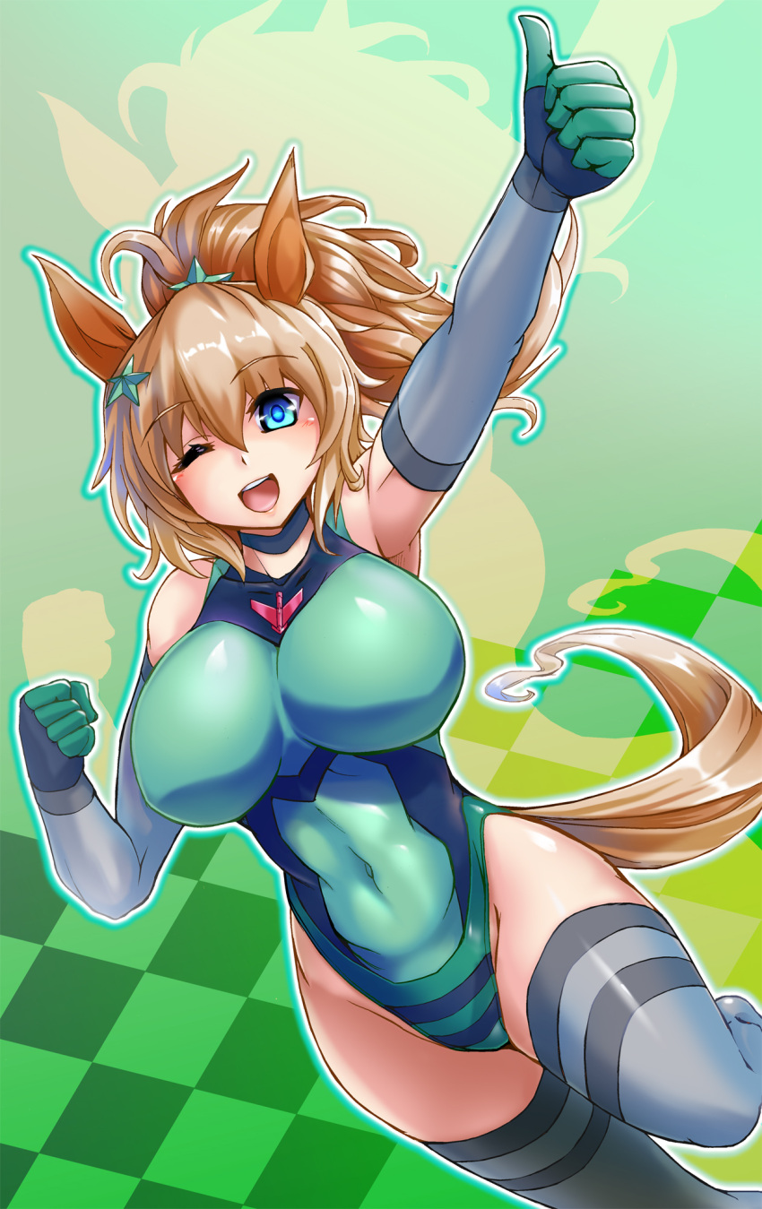 1girl akatsuki_kirika akatsuki_kirika_(cosplay) animal_ears blue_eyes blush breasts cosplay covered_navel elbow_gloves gloves green_eyes green_leotard hair_ornament highres horse_ears horse_girl horse_tail impossible_clothes impossible_leotard kiyukisuke large_breasts leotard light_brown_hair medium_hair one_eye_closed open_mouth ponytail senki_zesshou_symphogear shiny shiny_clothes shiny_hair shiny_skin skin_tight smile solo star_(symbol) star_hair_ornament striped striped_legwear taiki_shuttle_(umamusume) tail thighhighs umamusume