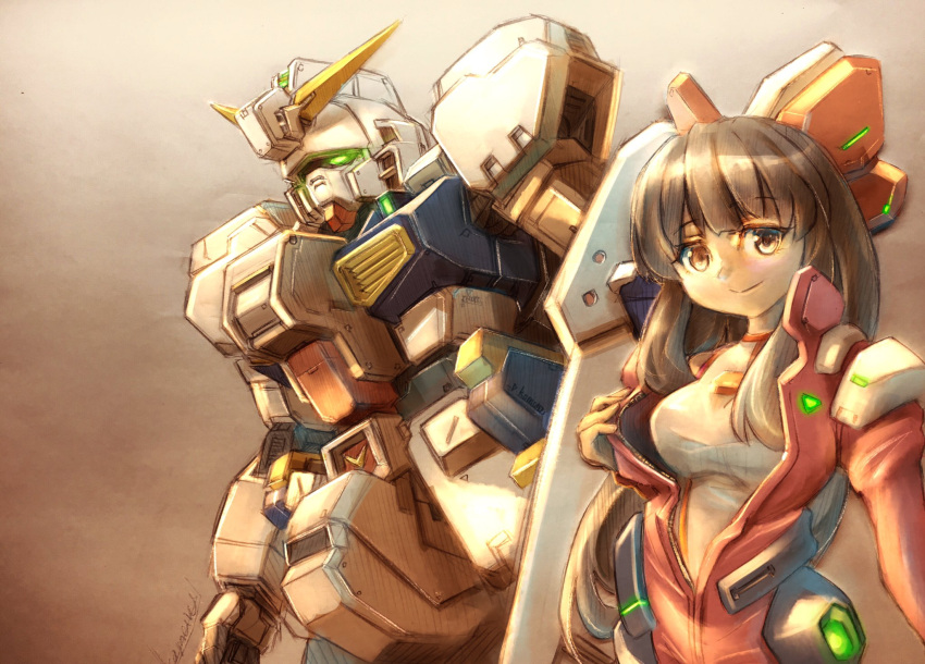 1girl advance_of_zeta breasts brown_background eyebrows_visible_through_hair glowing glowing_eye green_eyes gundam hazel_gundam highres indie_virtual_youtuber komaro looking_ahead looking_at_viewer medium_breasts mito_wakana mobile_suit open_hand pilot_suit shirt smile v-fin white_shirt