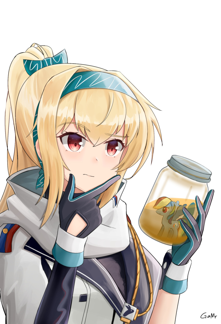 1girl artist_name bangs black_gloves blonde_hair closed_mouth collapse_fluid_(girls'_frontline) cumjar_(meme) english_commentary eyebrows_visible_through_hair figure finger_to_own_chin gamryous girls'_frontline gloves green_hairband green_ribbon hair_ribbon hairband high_ponytail highres holding holding_jar jacket jar long_hair looking_at_object meme my_little_pony my_little_pony_friendship_is_magic ponytail rainbow_dash red_eyes ribbon solo sv-98_(girls'_frontline) thinking upper_body white_background white_jacket