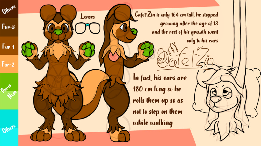 anthro brown_body brown_eyes brown_fur brown_hair cafet'zin_(artist) canid canine canis color_swatch digital_drawing_(artwork) digital_media_(artwork) digitigrade domestic_dog eyewear fluffy fluffy_chest fur green_nose green_paws hair hi_res long_ears long_hair male mammal model_sheet pillow signature simple_background sketch solo tan_body tan_fur text