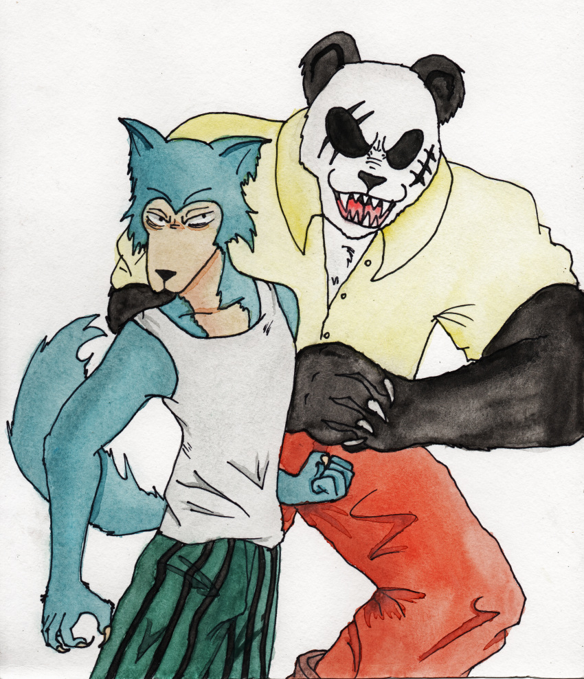 absurd_res animal_humanoid anthro beastars canid canid_humanoid canine canis clothed clothing duo efradraws giant_panda gouhin hi_res huge_filesize humanoid legoshi_(beastars) male male/male mammal mammal_humanoid muscular muscular_anthro muscular_male painting_(artwork) scar traditional_media_(artwork) ursid watercolor_(artwork) wolf