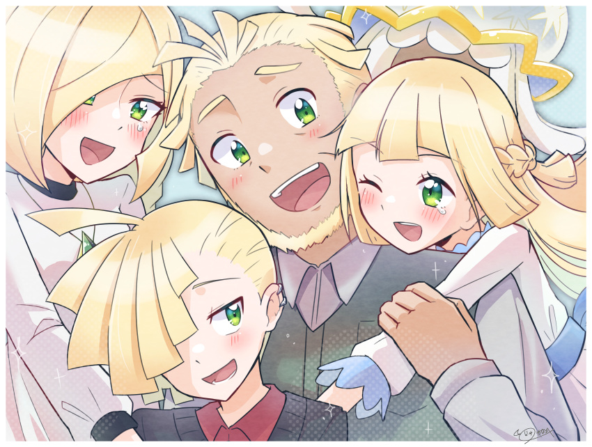 2boys 2girls :d ;d absurdres affectionate blonde_hair blush collared_shirt commentary_request eyelashes facial_hair family gladion_(pokemon) green_eyes happy_tears highres lillie_(pokemon) long_hair lusamine_(pokemon) mohn_(pokemon) monaka_(monaka_alola) multiple_boys multiple_girls nihilego one_eye_closed open_mouth pokemon pokemon_(anime) pokemon_(creature) pokemon_journeys red_shirt shirt smile sweater tearing_up tears teeth tongue ultra_beast upper_teeth