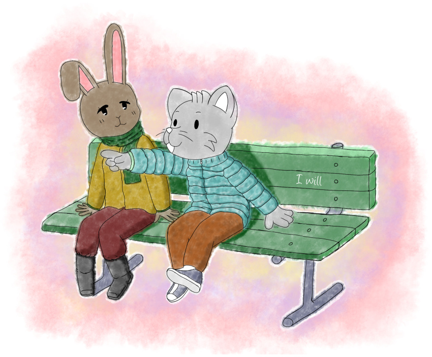 anthro bench bent_ear boots brown_body brown_fur chipepper_(artist) clothing domestic_cat dot_eyes duo felid feline felis female footwear fur gazing gesture grey_body grey_fur hi_res lagomorph leporid male male/female mammal nylon_clothing open_mouth pointing rabbit romantic romantic_couple scarf shoes simple_background sneakers text