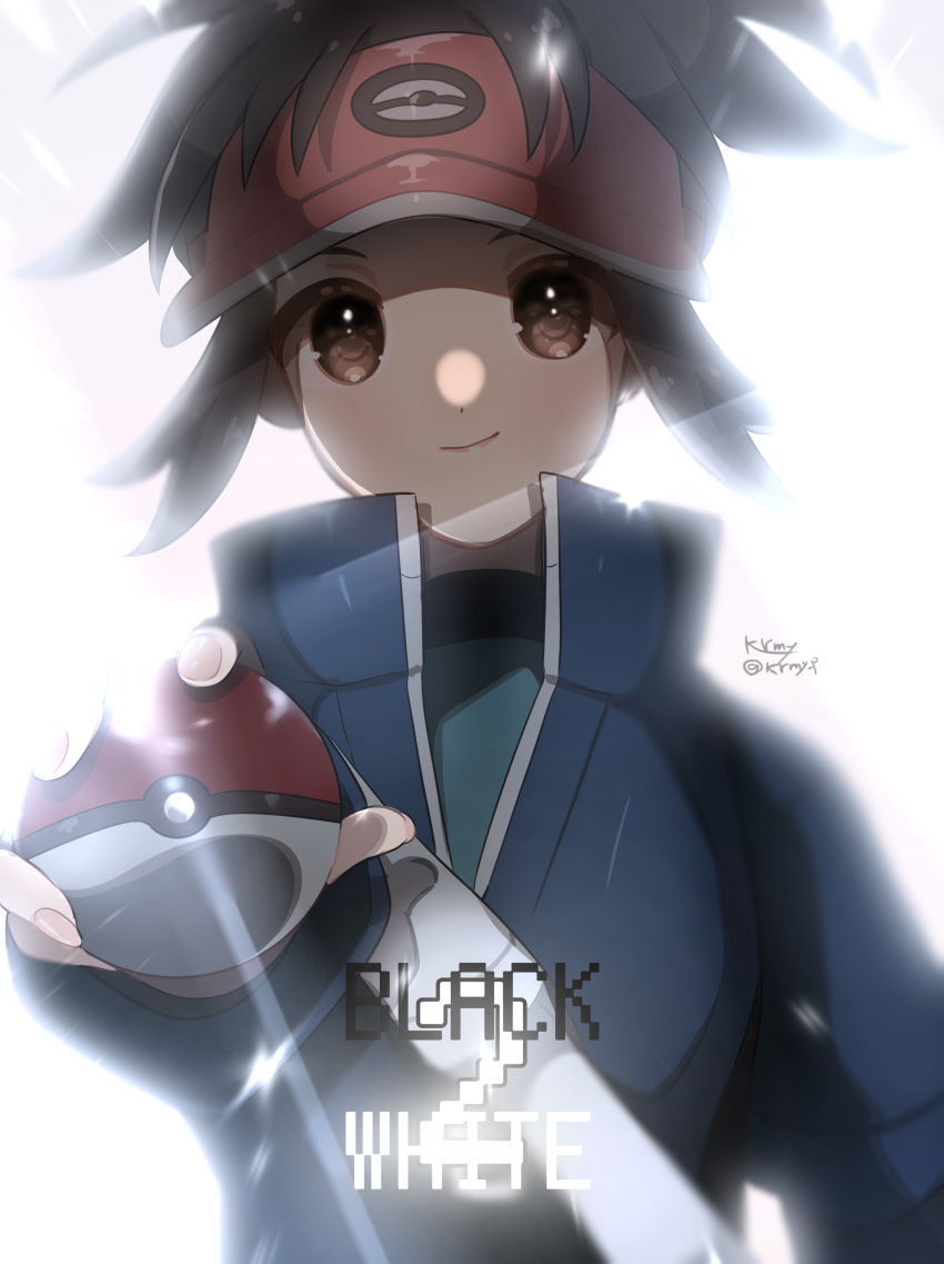 1boy absurdres bodysuit bodysuit_under_clothes brown_eyes brown_hair closed_mouth commentary_request copyright_name fingernails highres holding holding_poke_ball jacket kurumiya_(krmy_p) male_focus nate_(pokemon) poke_ball poke_ball_(basic) pokemon pokemon_(game) pokemon_bw2 red_headwear short_hair smile solo strap upper_body visor_cap white_background