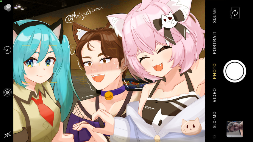 1boy 2girls :3 :d @_@ absurdres animal_ear_fluff animal_ears ball_pit bangs bell black_bow blue_eyes blue_hair blush bow breasts brown_eyes brown_hair brown_shirt cat_boy cat_ears catboy_jerma choker closed_eyes collarbone collared_shirt commentary crossover dashcon english_commentary fake_animal_ears fang fishnet_top fishnets hair_bow hatsune_miku heart_hands_failure highres jerma985 jerma985_(person) jingle_bell long_hair looking_at_viewer meiyoshima meme multiple_crossover multiple_girls neck_bell necktie nose_blush nyatasha_nyanners off-shoulder_shirt off_shoulder open_mouth photo_background pink_hair purple_choker purple_shirt red_necktie shirt short_hair short_necktie signature small_breasts smile sweat trembling twintails upper_body viewfinder virtual_youtuber vocaloid vshojo