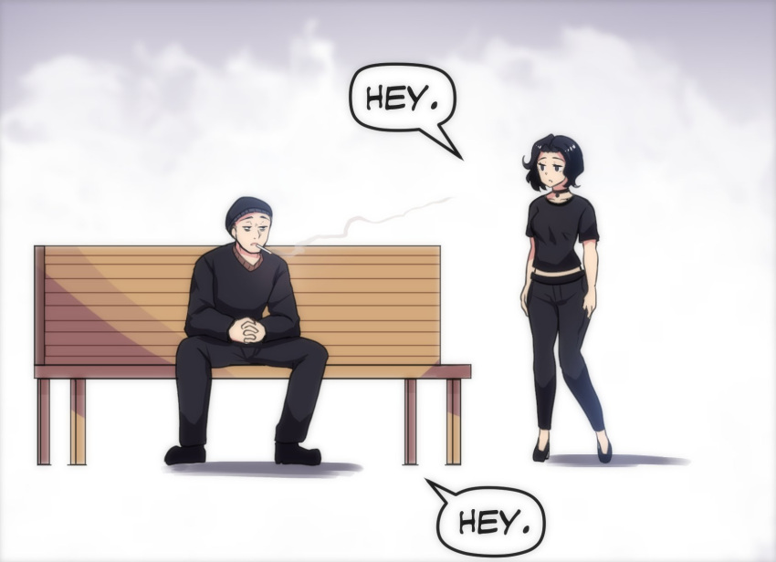 1boy 1girl bench black_eyes black_hair black_headwear black_pants black_shirt choker doomer doomer_girl high_heels highres merryweather original outdoors pants shirt sitting smoking