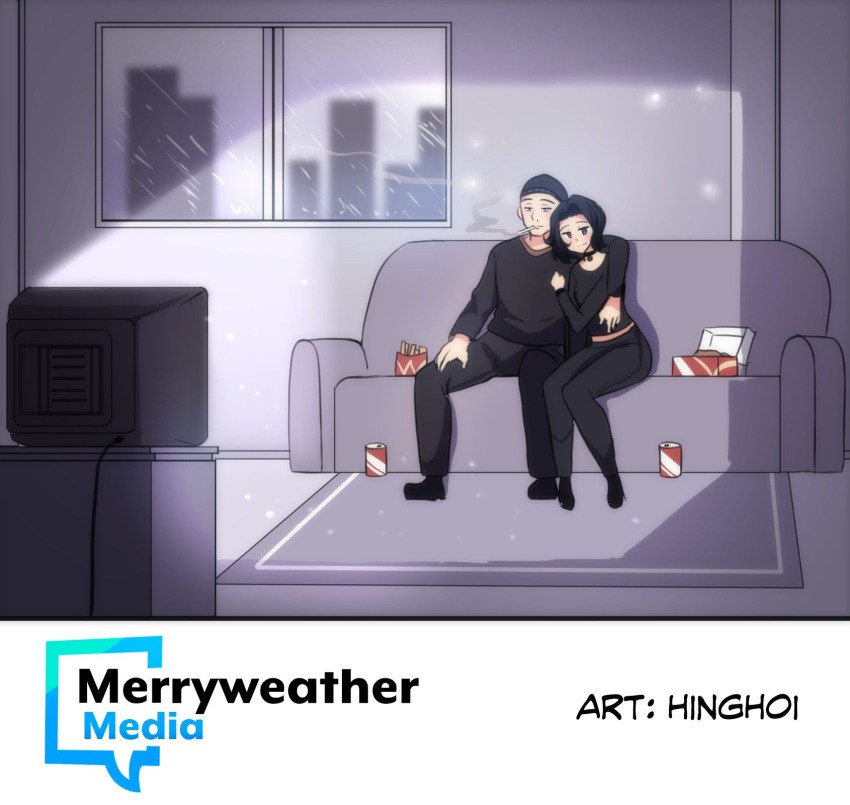 1boy 1girl beanie black_eyes black_hair black_headwear black_legwear black_pants black_shirt choker couch doomer doomer_girl hat highres indoors merryweather original pants shirt sitting smoking socks television watching_television