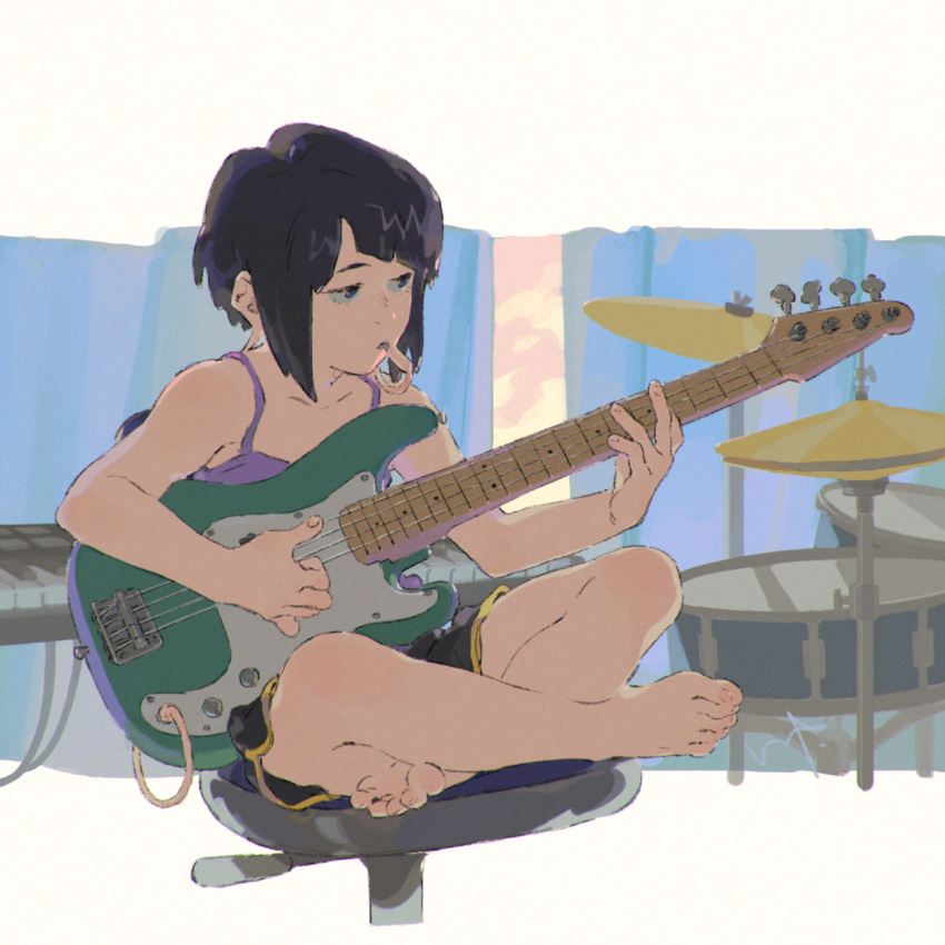 1girl armpit_peek bangs bare_arms bare_shoulders barefoot black_hair black_shorts blunt_bangs boku_no_hero_academia cable camisole casual chair chromatic_aberration collarbone curtains cymbals dolphin_shorts drum drum_set electric_guitar expressionless feet film_grain from_side full_body guitar half-closed_eyes hand_up highres holding holding_instrument indian_style indoors instrument jirou_kyouka keyboard_(instrument) lip_(lih8) looking_to_the_side mouth_hold music office_chair on_chair outside_border outstretched_arm playing_instrument purple_camisole purple_eyes short_hair shorts signature sitting solo spaghetti_strap toenails toes