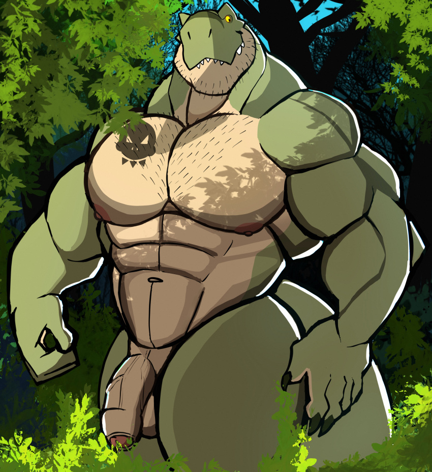 abs absurd_res anthro balls big_muscles big_pecs body_hair chest_hair darknaigart dinosaur facial_hair forest genitals green_body hi_res humanoid_genitalia humanoid_penis jace_(darknaig) male muscular muscular_anthro muscular_male nipples nude outside pecs penis plant reptile scalie solo tattoo theropod thick_thighs tree tyrannosaurid tyrannosaurus tyrannosaurus_rex