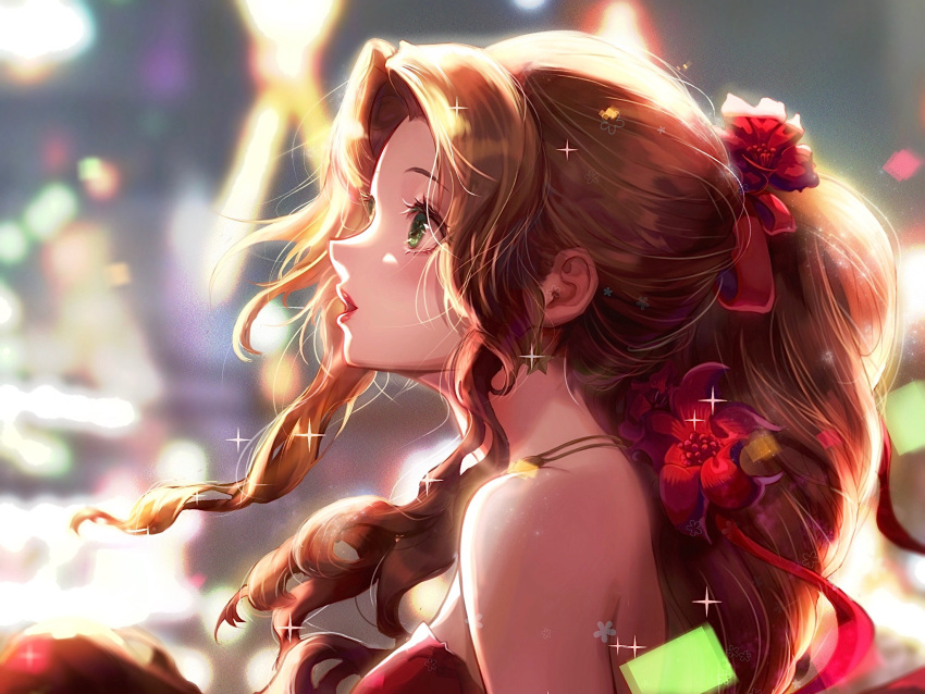 1girl aerith_gainsborough brown_hair final_fantasy final_fantasy_vii final_fantasy_vii_remake flower from_side green_eyes hair_ornament highres long_hair open_mouth red_flower rei1028 solo