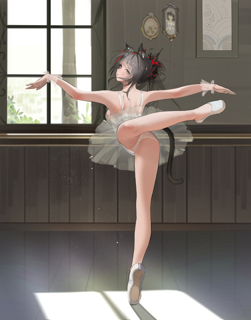 1girl alternate_costume animal_ears arknights ass ballerina ballet ballet_slippers bangs bare_legs bare_shoulders barre black_hair breasts brown_eyes cat_ears cat_girl cat_tail commentary da_(datako) dancing day dress en_pointe english_commentary eyebrows_visible_through_hair from_behind full_body highres indoors large_breasts leotard long_hair looking_at_viewer looking_back outstretched_arms panties parted_lips reflective_floor schwarz_(arknights) see-through sideboob sleeveless sleeveless_dress solo sunlight tail tiptoes tutu underwear upskirt white_dress white_footwear white_panties window wrist_cuffs