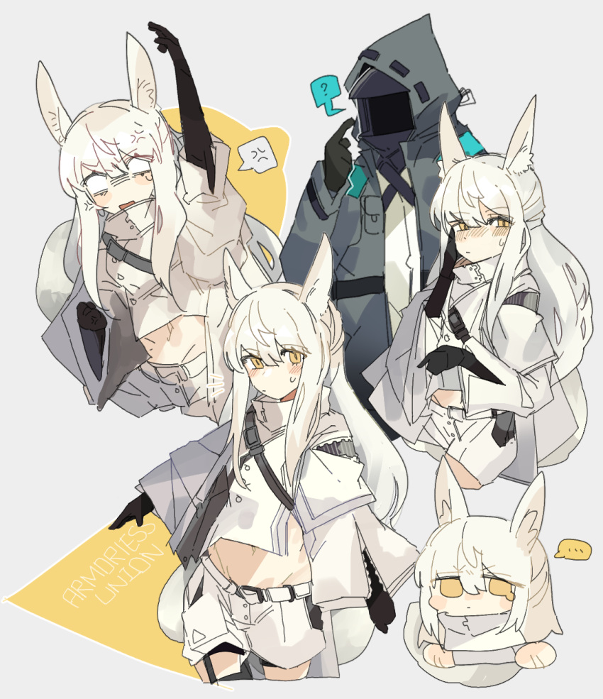 ... 1girl 1other ? anger_vein animal_ear_fluff animal_ears arknights bangs belt black_gloves black_jacket blush chibi commentary crop_top cropped_legs doctor_(arknights) embarrassed english_text gloves grey_background highres hood hood_up hooded_jacket horse_ears jacket looking_at_viewer looking_away midriff multiple_views odmised platinum_(arknights) scratching_cheek shirt shorts sidelocks simple_background spoken_anger_vein spoken_ellipsis spoken_question_mark symbol-only_commentary upper_body white_belt white_hair white_jacket white_shirt white_shorts yellow_background yellow_eyes