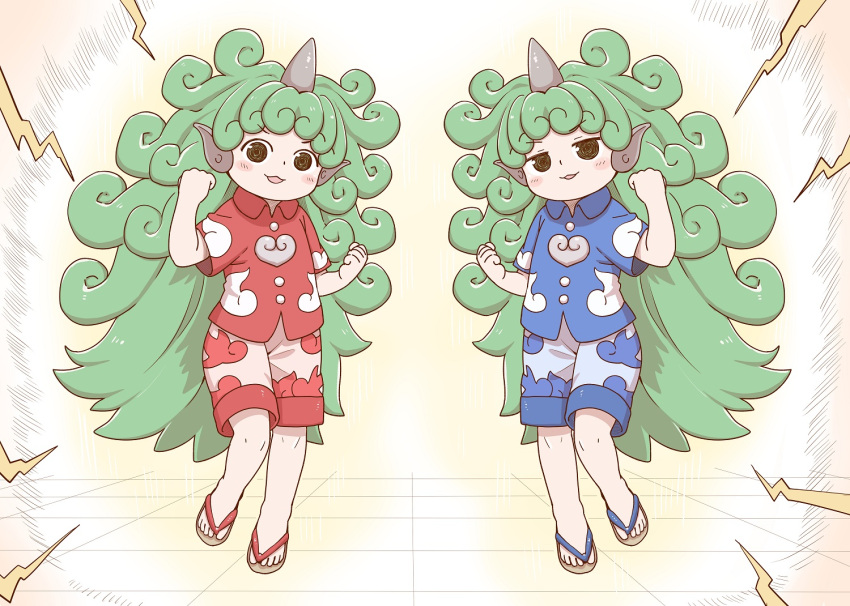 2girls @_@ alternate_color bangs blue_shirt cloud_print collared_shirt curly_hair full_body green_eyes green_hair heart heart_print horns kariyushi_shirt komainu komano_aunn lightning long_hair looking_at_viewer multiple_girls open_mouth paw_pose poronegi red_shirt sandals shirt short_sleeves shorts single_horn smile static_electricity touhou white_shorts