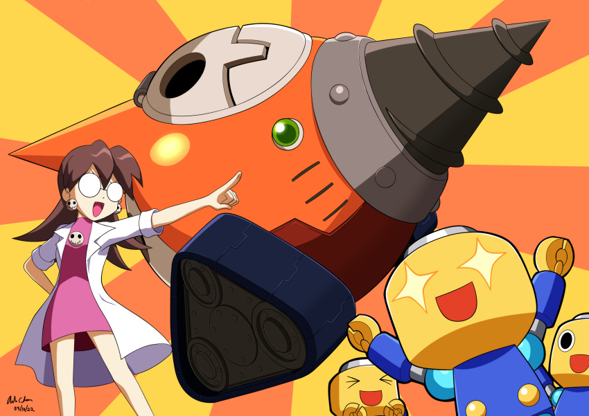 &gt;o&lt; 1girl :d absurdres arm_behind_back brown_hair closed_eyes coat dated drill earrings english_commentary glasses highres innovator123 jewelry labcoat legs_apart long_hair mega_man_(series) mega_man_legends mega_man_x_dive open_mouth outstretched_arm pink_skirt pointing robot servbot_(mega_man) shadow short_sleeves signature simple_background skirt skull_earrings smile sparkling_eyes standing tron_bonne_(mega_man) two-tone_background white_coat