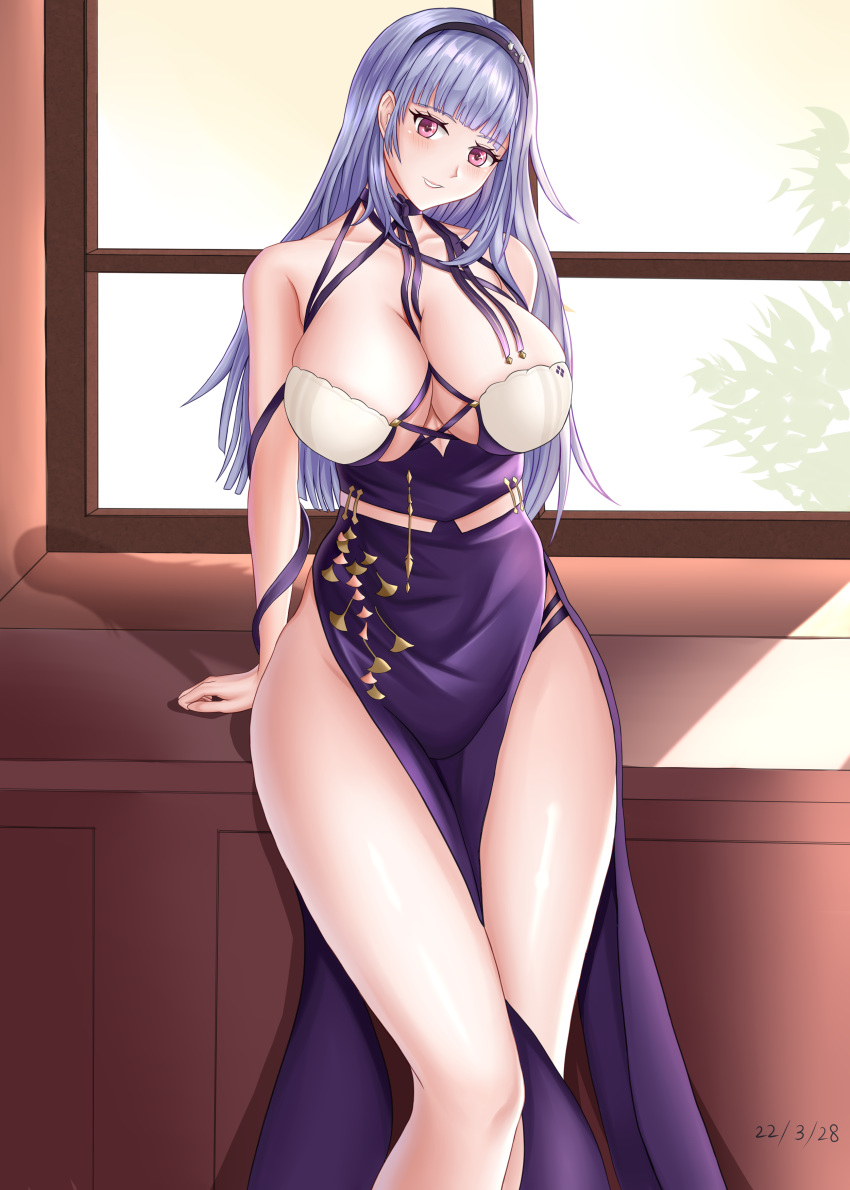 1girl absurdres azur_lane breasts center_opening cleavage criss-cross_halter dido_(anxious_bisque_doll)_(azur_lane) dido_(azur_lane) dress dress_straps hairband halter_dress halterneck headband highres large_breasts long_dress long_hair looking_at_viewer official_alternate_costume pink_eyes purple_dress purple_hair purple_hairband purple_headband smile solo standing thighs window zhangdage