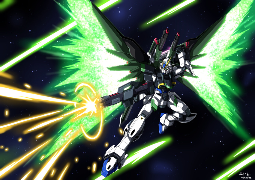 absurdres character_request commission dated english_commentary full_body glowing green_eyes gun gundam highres holding holding_gun holding_weapon innovator123 mecha outdoors signature sky space star_(sky) starry_sky weapon wings
