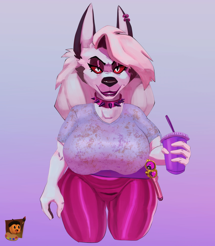 absurd_res anthro beverage big_breasts breasts canid canid_demon cannie clothing curvy_figure demon female grishnax hellhound helluva_boss hi_res huge_breasts looking_at_viewer loona_(helluva_boss) mammal red_eyes soda solo tight_clothing voluptuous wide_hips