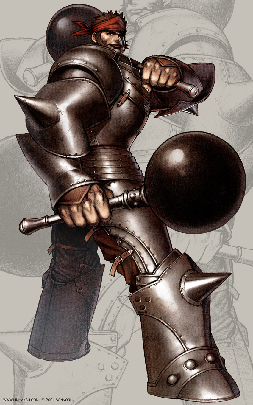 1boy armor armored_boots artist_name astonishia_story_2 bandana bara boots breastplate brown_eyes brown_hair closed_mouth concept_art copyright dual_wielding english_commentary full_body grey_background hearne_(as2) highres holding holding_weapon leg_armor limha_lekan looking_at_viewer looking_to_the_side mace male_focus official_art pauldrons photoshop_(medium) red_bandana short_hair shoulder_armor sideburns smile solo spiked_hair standing vambraces weapon zoom_layer