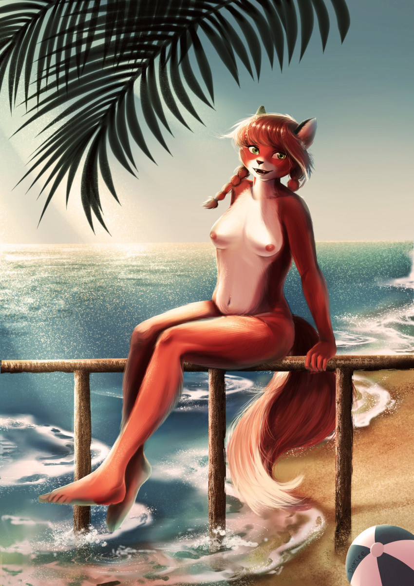 anthro beach breasts butt canid canine deriee_(artist) detailed_background digital_media_(artwork) edit female fox fur green_eyes hair hi_res looking_at_viewer mammal nipples nude nude_edit outside patricia_mac_sionnach pigtails sand seaside sitting sky small_breasts smile solo water