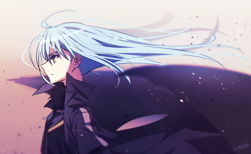 1other black_coat blue_hair closed_mouth coat from_side highres kotorimyuu long_hair rimuru_tempest solo tensei_shitara_slime_datta_ken wings yellow_eyes