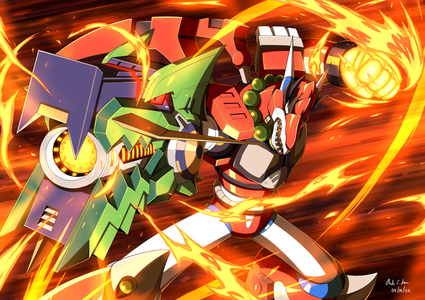 1boy absurdres android arm_cannon bead_necklace beads clenched_hand dated dragon dragon_horns english_commentary fighting_stance fire flame green_eyes highres horns innovator123 jewelry legs_apart magma_dragoon_(mega_man) male_focus mecha mega_man_(series) mega_man_x_(series) mega_man_x_dive necklace open_mouth red_eyes robot shadow sharp_teeth signature teeth weapon